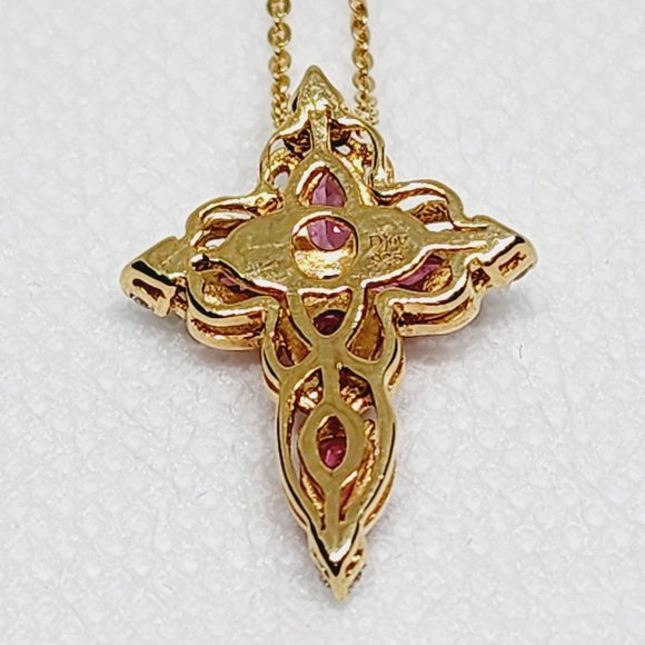 Natural Rubellite & White Zircon cross pendant necklace in 14K YG/925SS 20 inch - Picture 4 of 6
